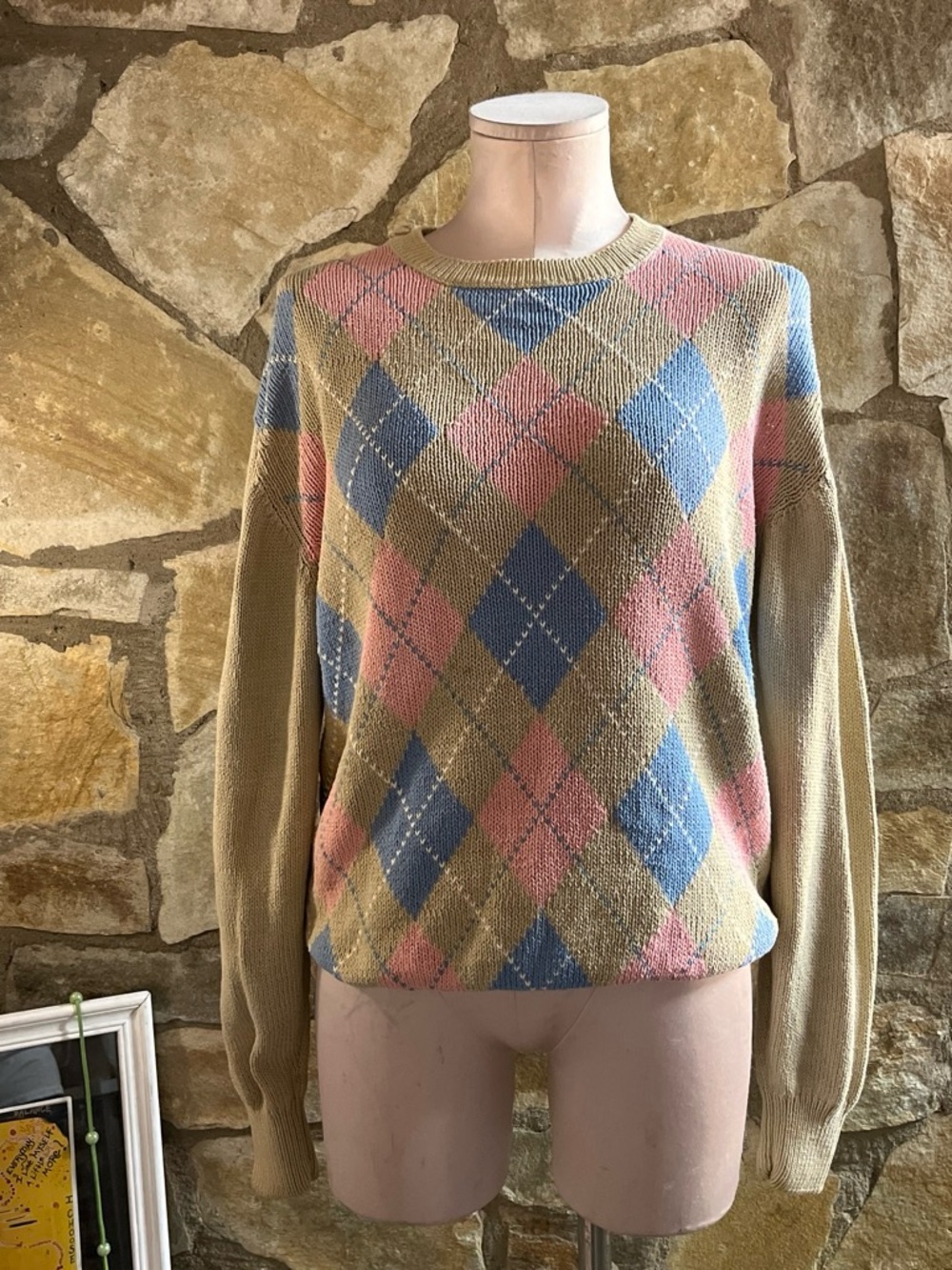 Vintage Pringle of Scotland 100% Cotton Argyle Sweater Made in British Hong Kong